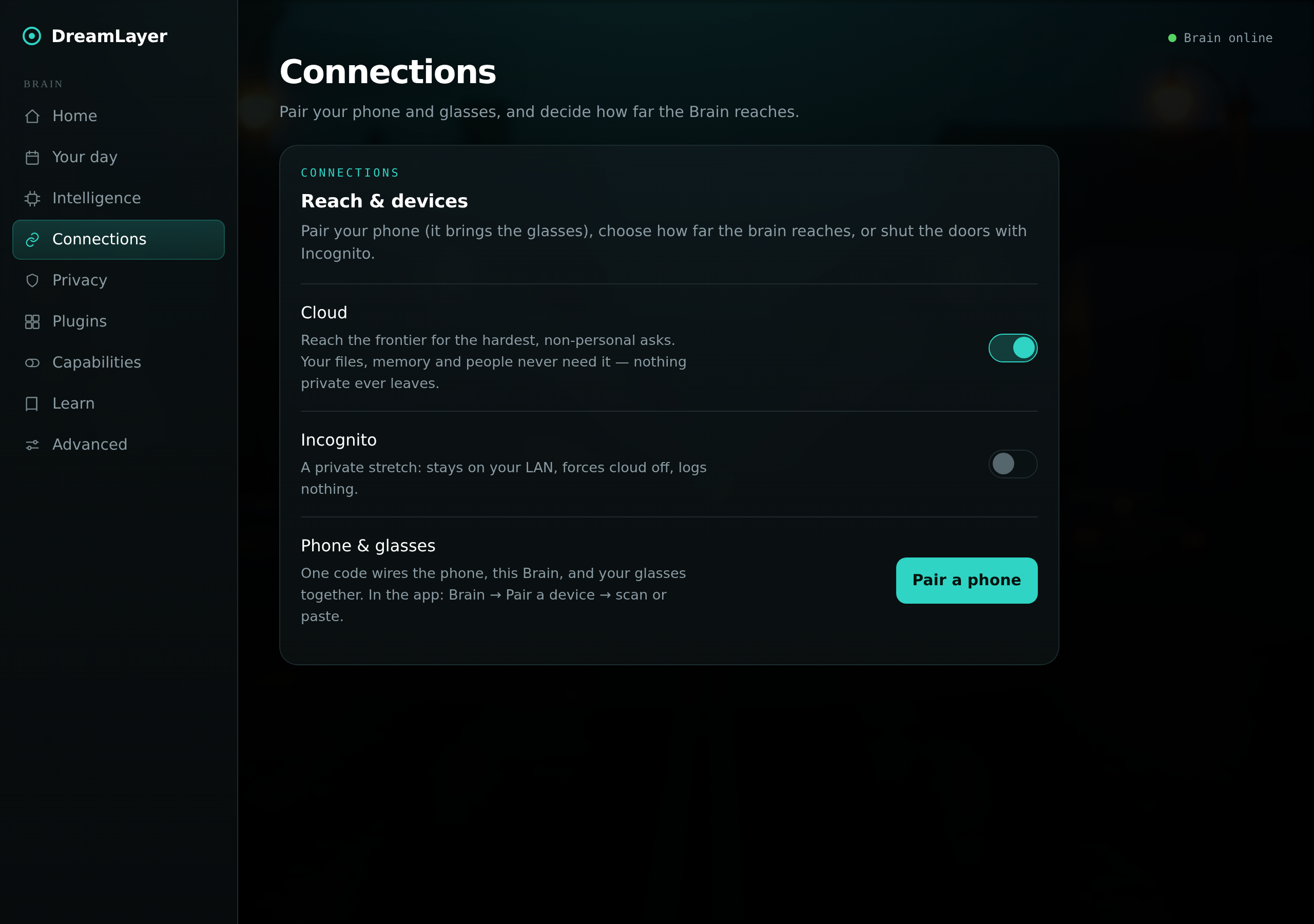 Connections — pairing and the reach switches live here